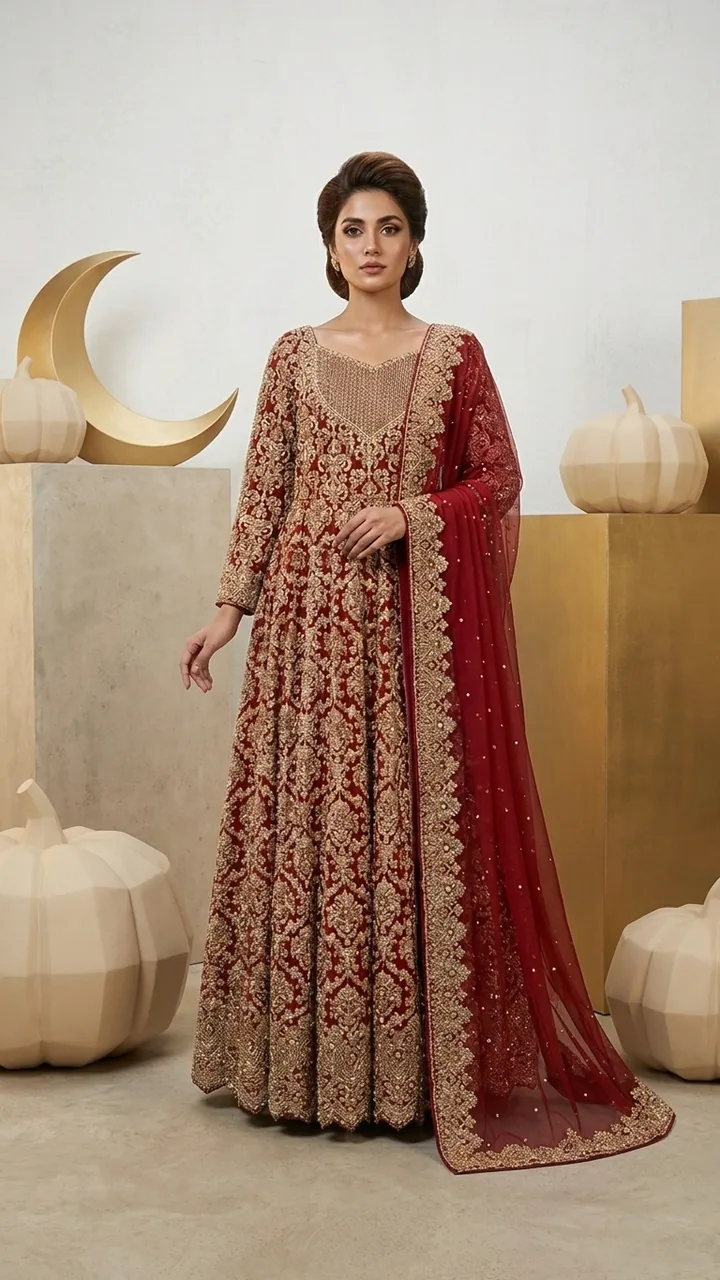 Deep Red & Antique Gold Heavily Embellished Bridal Anarkali Gown Set – Bridal by Sadaf Boutique, Islamabad