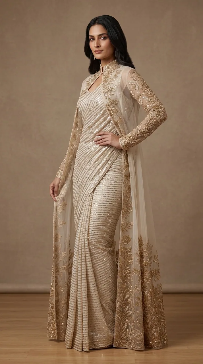 Off-White & Champagne Gold Embroidered Jacket Saree Gown Set – Luxury Formals by Sadaf Boutique, Islamabad