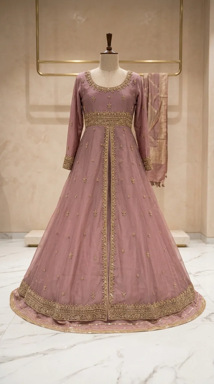 Dust Rose Hand-Embroidered Anarkali Gown Set – Luxury Formals by Sadaf Boutique, Islamabad