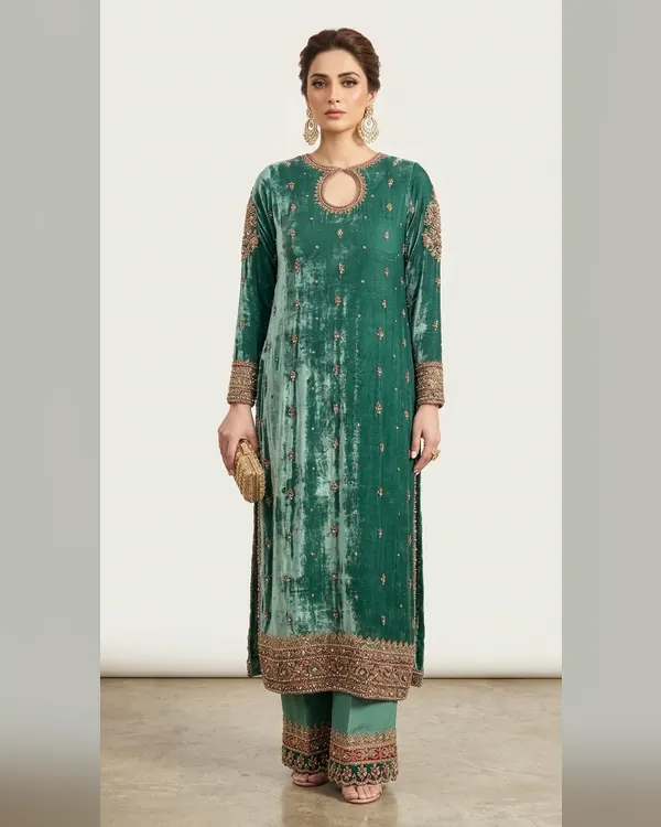 Emerald Green Velvet Keyhole Back Kurta Set – Luxury Formals by Sadaf Boutique, Islamabad