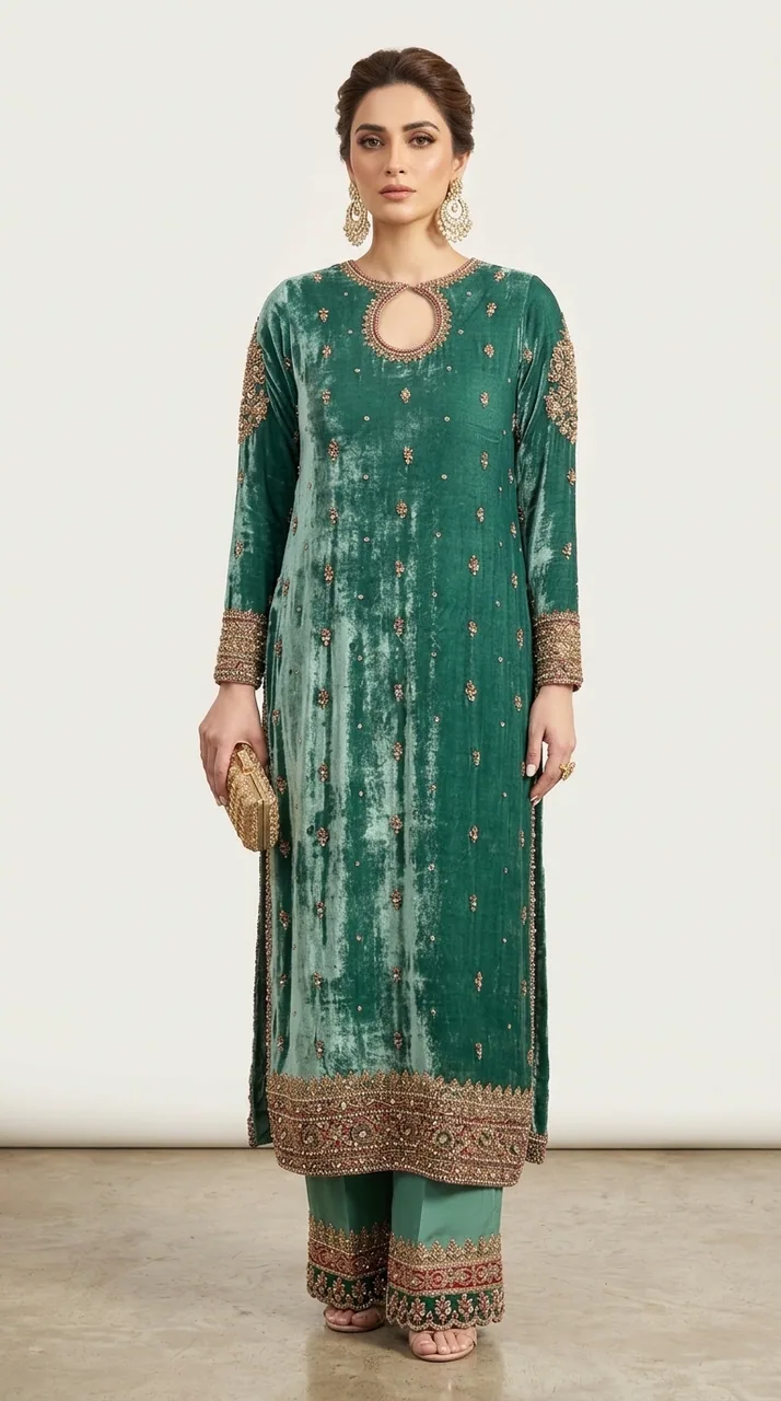 Emerald Green Velvet Keyhole Back Kurta Set – Luxury Formals by Sadaf Boutique, Islamabad