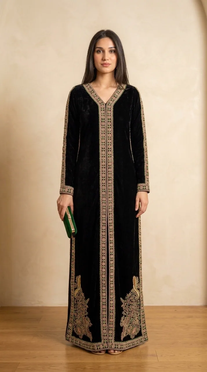 Jet Black Velvet Embroidered Kaftan Gown – Luxury Formals by Sadaf Boutique, Islamabad
