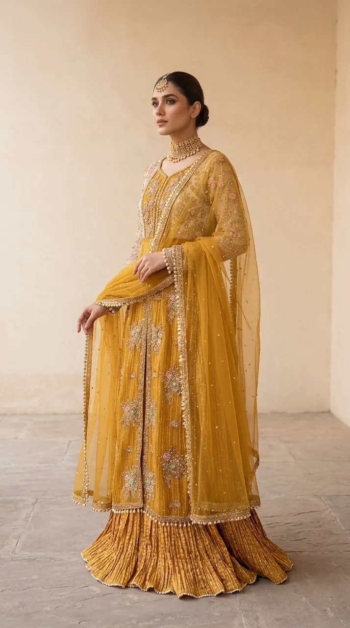 Ochre Yellow & Ivory Floral Embroidered Open Front Gown Set – Luxury Formals by Sadaf Boutique, Islamabad