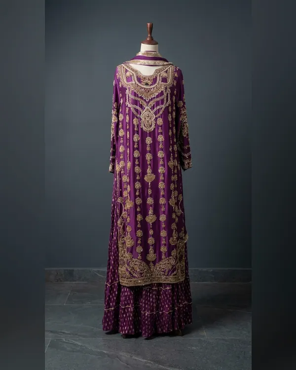 Royal Purple Heavily Embellished Kurta Sharara Set – Luxury Formals by Sadaf Boutique, Islamabad