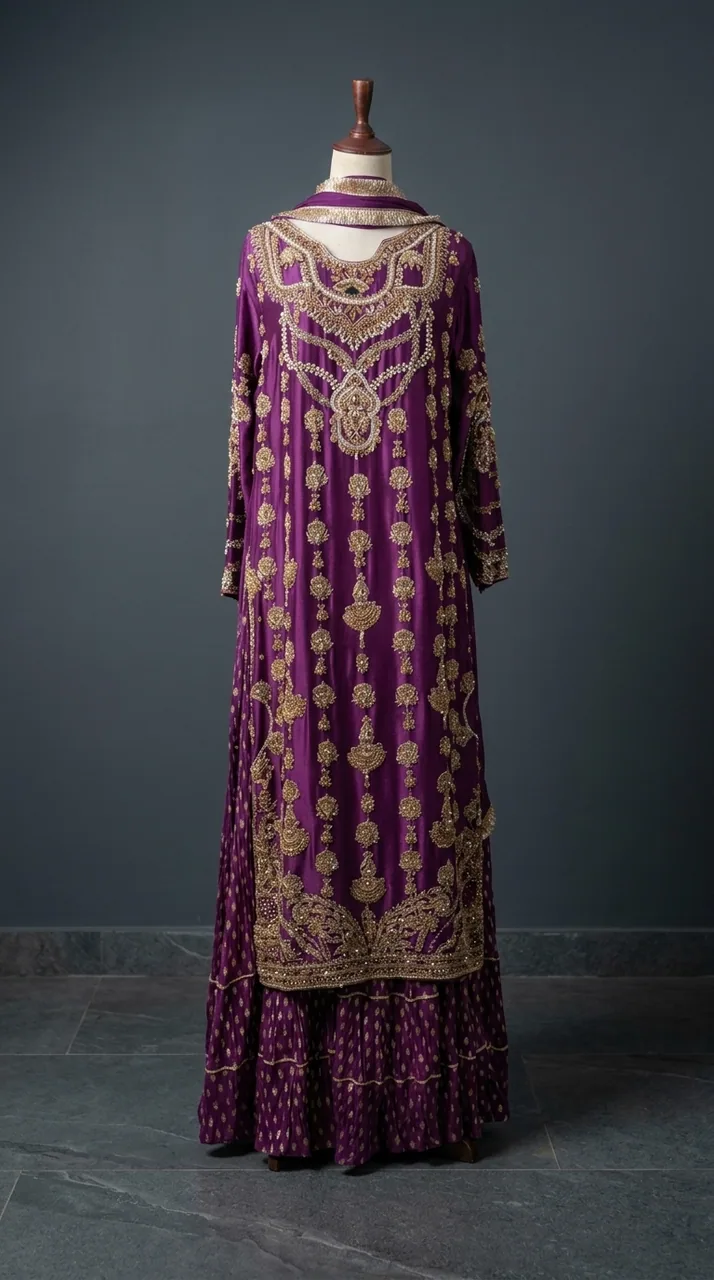 Royal Purple Heavily Embellished Kurta Sharara Set – Luxury Formals by Sadaf Boutique, Islamabad