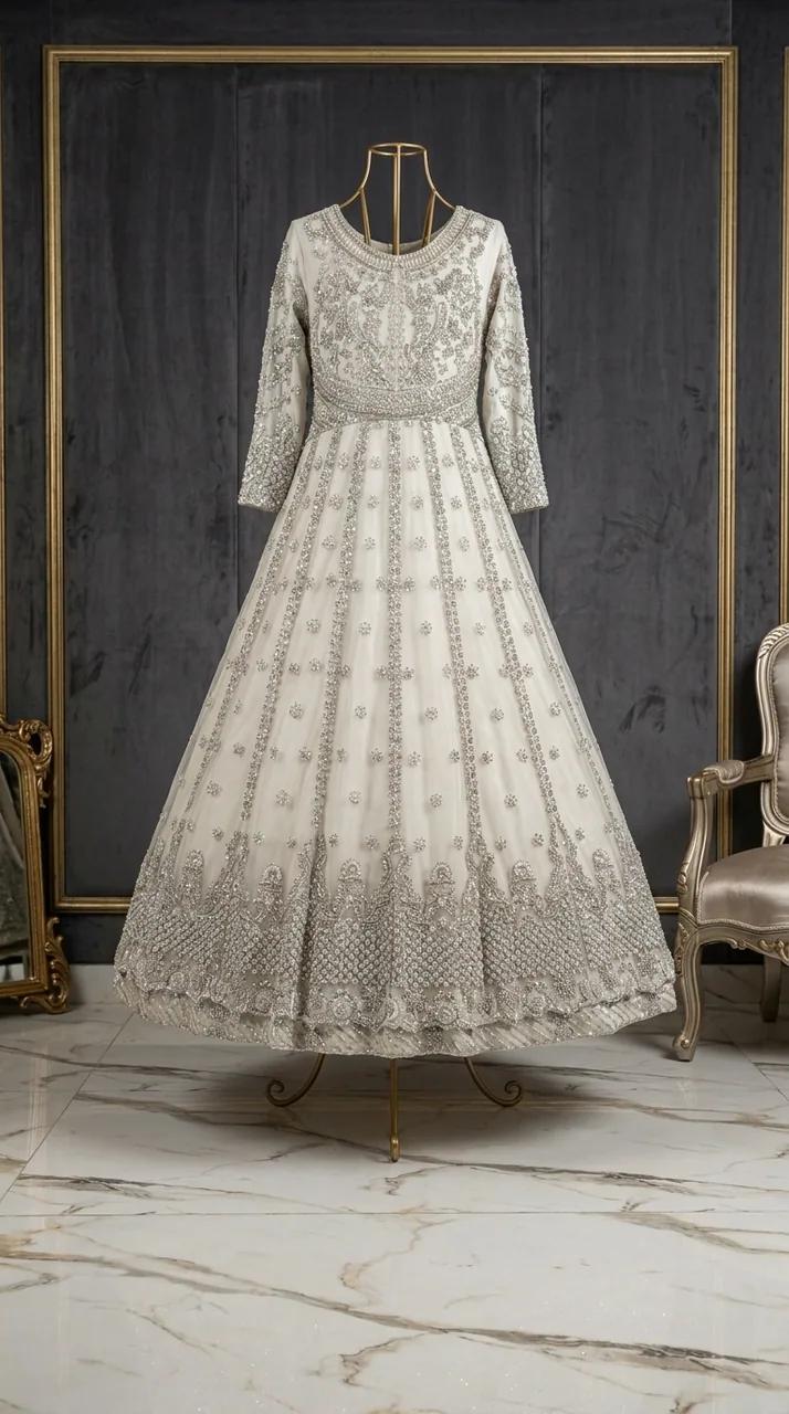 Pearl White Silver-Embroidered Bridal Anarkali Gown – Luxury Formals by Sadaf Boutique, Islamabad