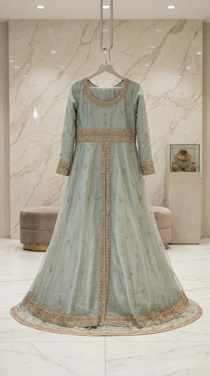 Sage Green Embroidered Anarkali Gown Set – Luxury Formals by Sadaf Boutique, Islamabad