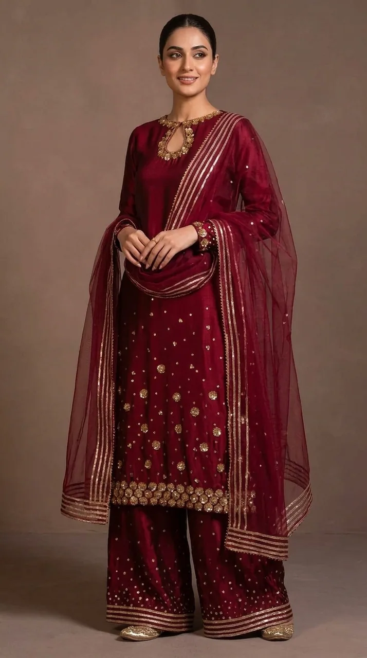 Crimson Red Keyhole Silk Kurta Palazzo Set – Luxury Formals by Sadaf Boutique, Islamabad